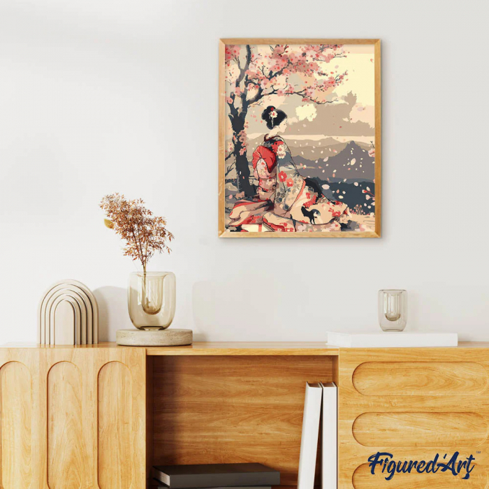 Set pictura pe numere, cu sasiu, Gheisa si sakura, 40x50 cm [3]