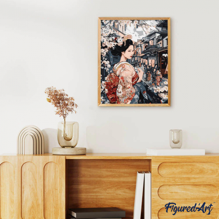 Set pictura pe numere, cu sasiu, Gheisa pe strada medievala, 40x50 cm [3]