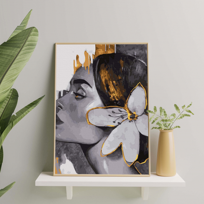 Set pictura pe numere, cu sasiu, Portret delicat - vopsea aurie, 40x50 cm [4]