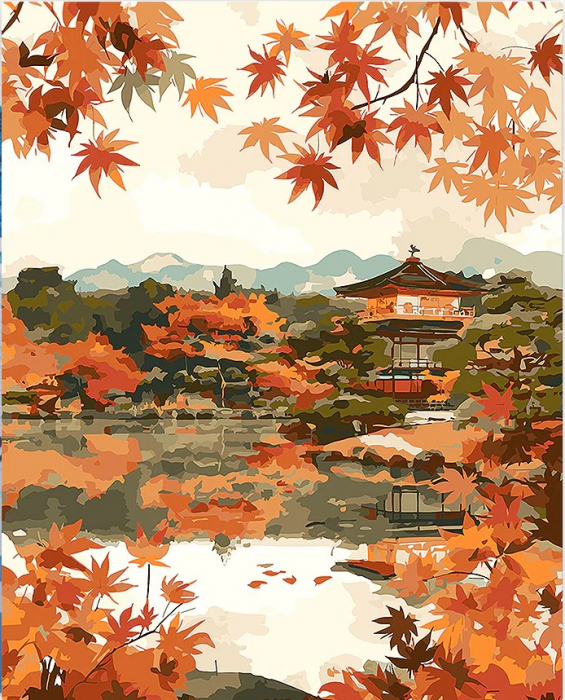 Set pictura pe numere, cu sasiu, Templu japonez pe malul lacului, toamna, 40x50 cm [1]