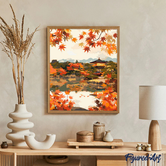 Set pictura pe numere, cu sasiu, Templu japonez pe malul lacului, toamna, 40x50 cm [2]