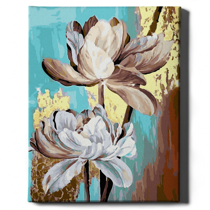 Set pictura pe numere, cu sasiu, Flori albe - vopsea aurie, 40x50 cm [2]