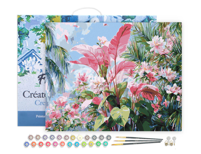 Set pictura pe numere, cu sasiu, Flori roz tropicale, 40x50 cm [3]