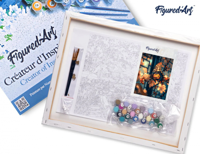 Set pictura pe numere, cu sasiu, Fluture si flori de cires, 40x50 cm [5]