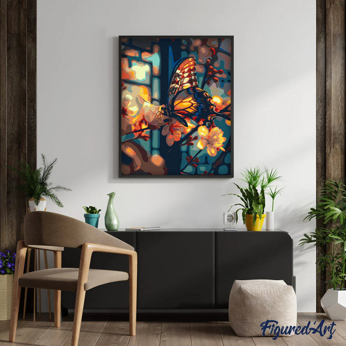 Set pictura pe numere, cu sasiu, Fluture si flori de cires, 40x50 cm [3]