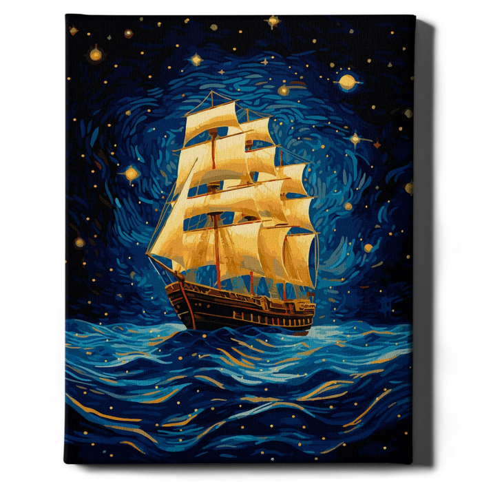 Set pictura pe numere, cu sasiu, Corabie cu vele - vopsea aurie, 40x50 cm [2]