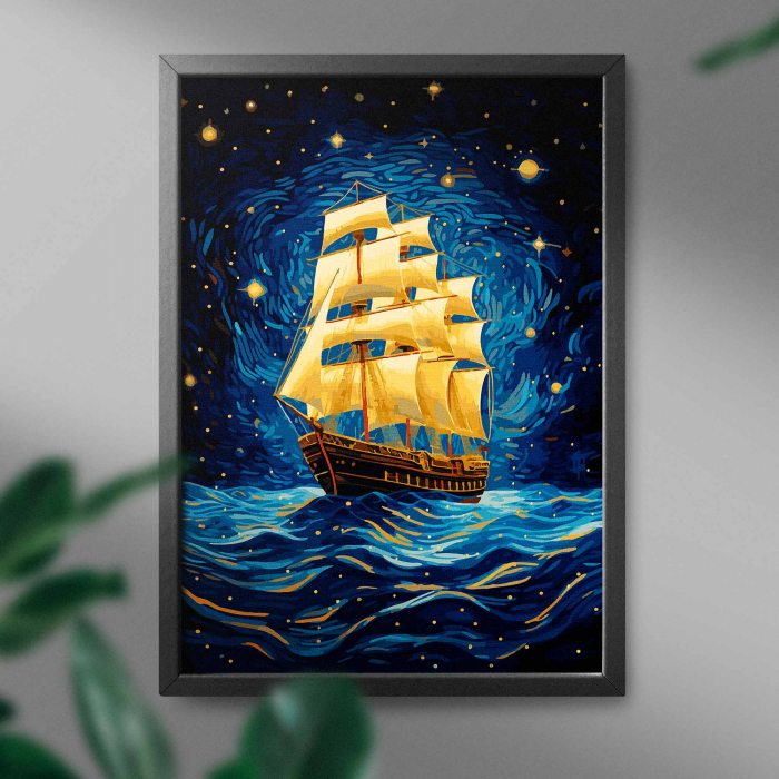 Set pictura pe numere, cu sasiu, Corabie cu vele - vopsea aurie, 40x50 cm [3]