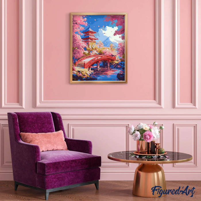 Set pictura pe numere, cu sasiu, Pod rosu si ciresi infloriti, 40x50 cm [4]