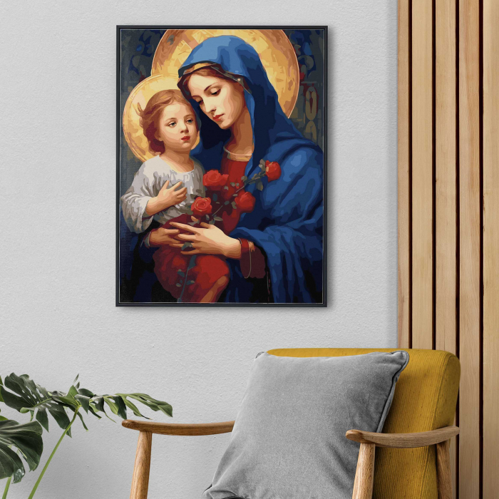 Set pictura pe numere, cu sasiu, Fecioara cu prunc - vopsea aurie, 40x50 cm [4]
