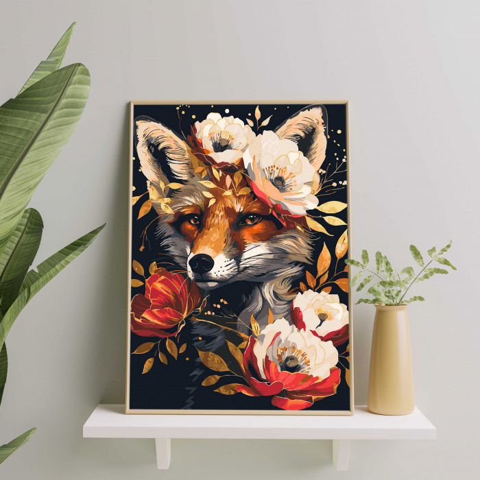 Set pictura pe numere, cu sasiu, Vulpe si flori - canvas negru, 40x50 cm [3]