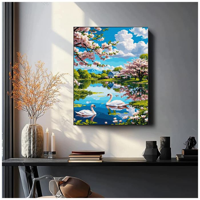 Set pictura pe numere, cu sasiu, Lac cu lebede, 40x50 cm [3]