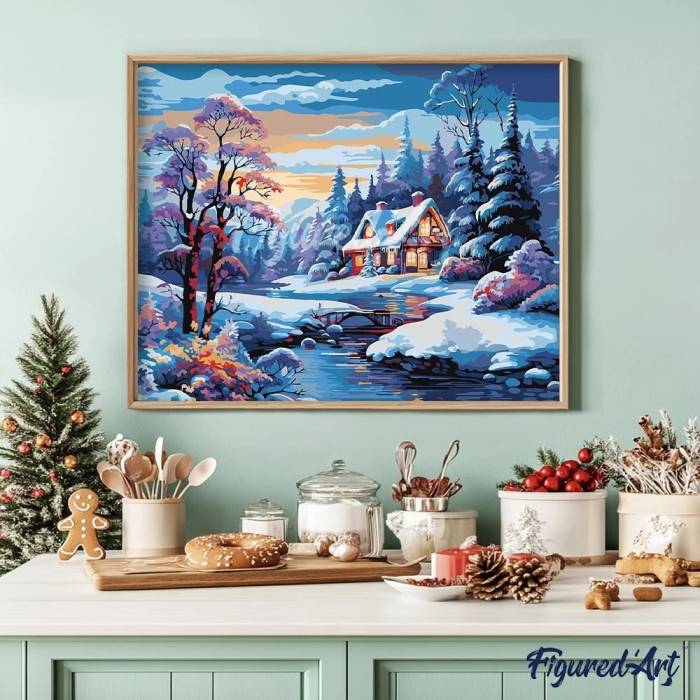 Set pictura pe numere, cu sasiu, Casuta iarna langa rau, 40x50 cm [3]