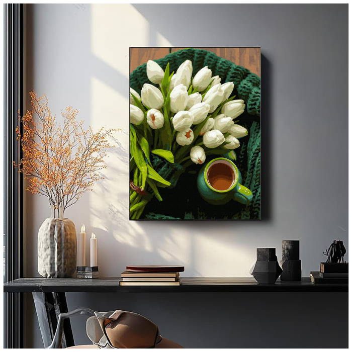 Set pictura pe numere, cu sasiu, Lalele albe, 40x50 cm [3]