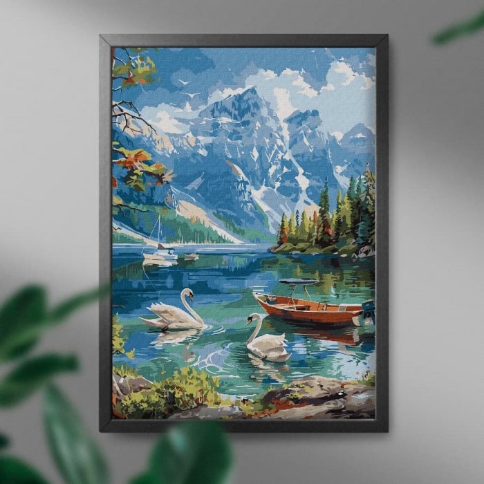 Set pictura pe numere, cu sasiu, Peisaj de munte cu lebede, 40x50 cm [3]