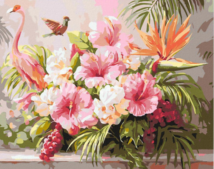 Set pictura pe numere, cu sasiu, Hibiscus si flamingo, 40x50 cm [1]