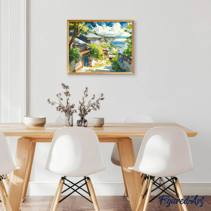 Set pictura pe numere, cu sasiu, Oras de coasta in Japonia, 40x50 cm [4]