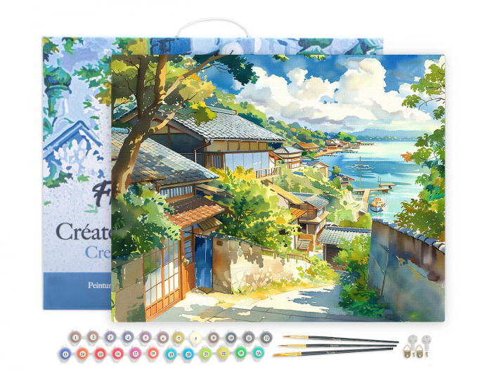 Set pictura pe numere, cu sasiu, Oras de coasta in Japonia, 40x50 cm [2]