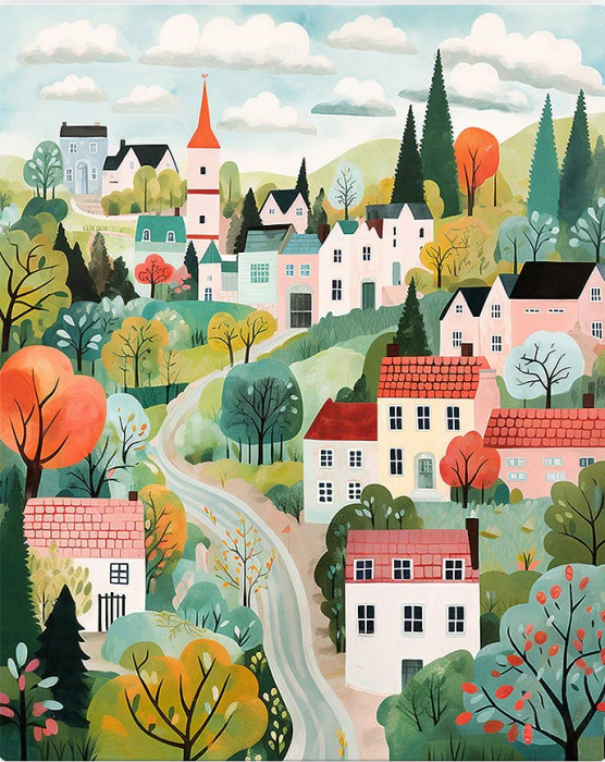 Set pictura pe numere, cu sasiu, Orasel incantator verde, 40x50 cm [1]