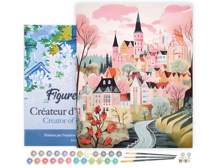 Set pictura pe numere, cu sasiu, Orasel incantator de roz, 40x50 cm [2]