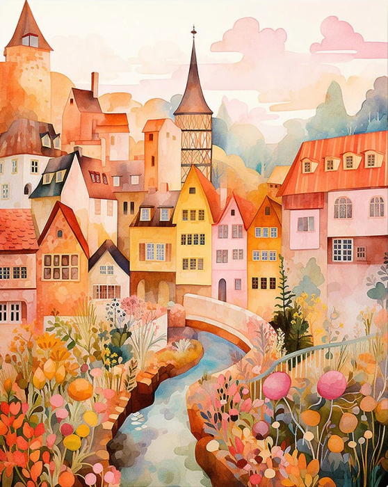 Set pictura pe numere, cu sasiu, Orasel incantator de chihlimar, 40x50 cm [1]