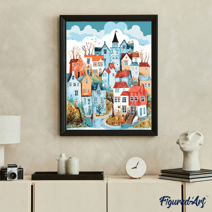 Set pictura pe numere, cu sasiu, Orasel incantator bleu, 40x50 cm [3]