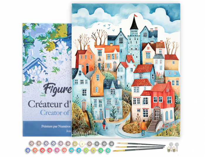 Set pictura pe numere, cu sasiu, Orasel incantator bleu, 40x50 cm [2]
