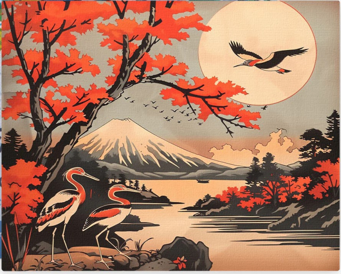 Set pictura pe numere, cu sasiu, Cocori si muntele Fuji, 40x50 cm [1]