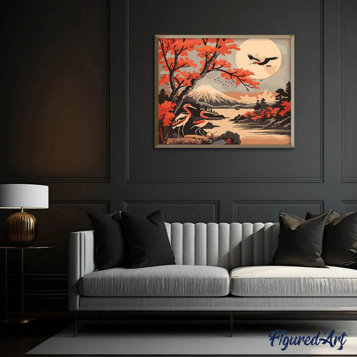 Set pictura pe numere, cu sasiu, Cocori si muntele Fuji, 40x50 cm [3]
