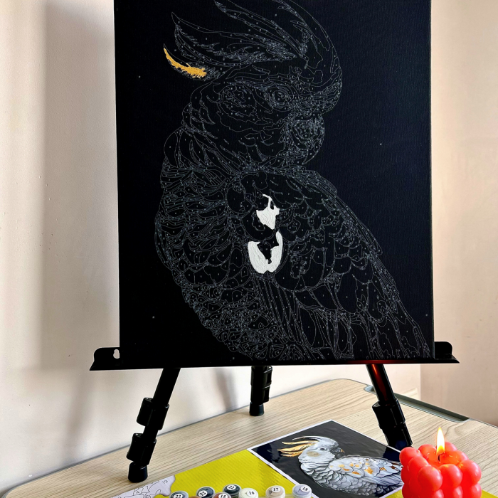 Set pictura pe numere, cu sasiu, Papagal alb auriu - canvas negru, 40x50 cm [9]