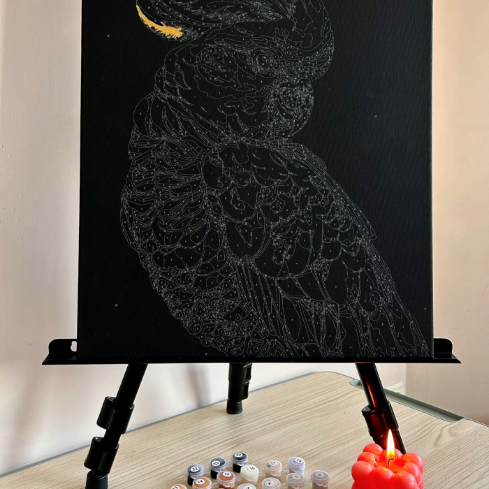 Set pictura pe numere, cu sasiu, Papagal alb auriu - canvas negru, 40x50 cm [5]
