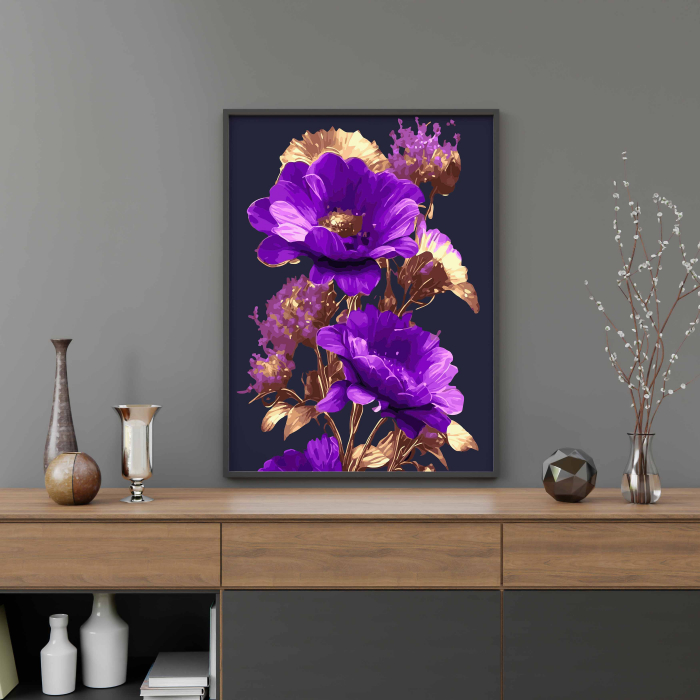 Set pictura pe numere, cu sasiu, Flori violet-aurii, 40x50 cm [4]