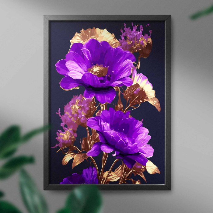 Set pictura pe numere, cu sasiu, Flori violet-aurii, 40x50 cm [3]