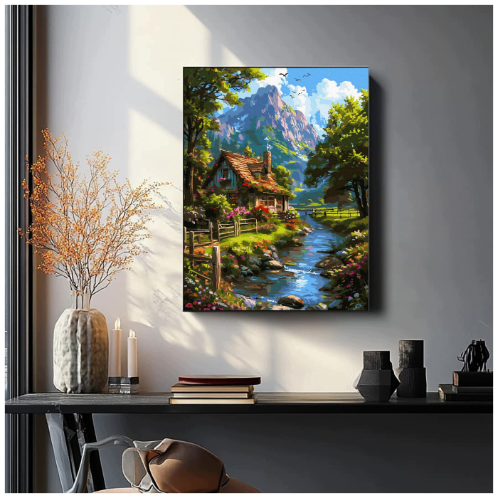Set pictura pe numere, cu sasiu, Peisaj cu cabana, 40x50 cm [4]
