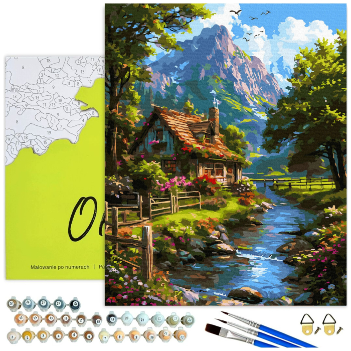 Set pictura pe numere, cu sasiu, Peisaj cu cabana, 40x50 cm [2]