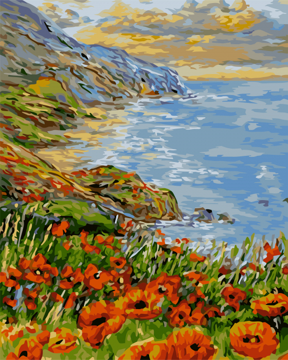 Set pictura pe numere , cu sasiu, Peisaj de coasta cu maci, 40x50 cm [1]