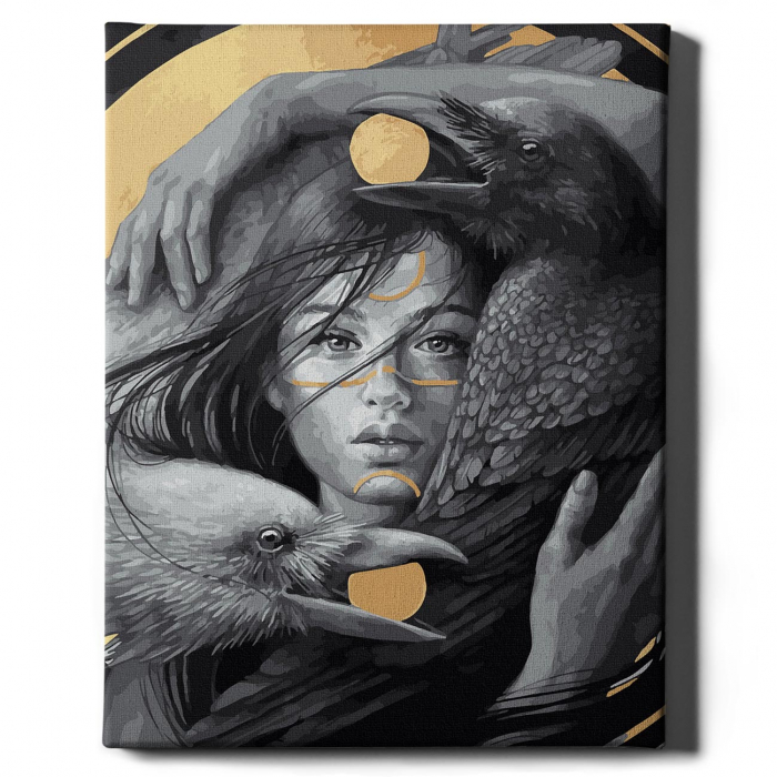 Set pictura pe numere, cu sasiu, Zeita pasarilor nocturne - vopsea aurie, 40x50 cm [2]