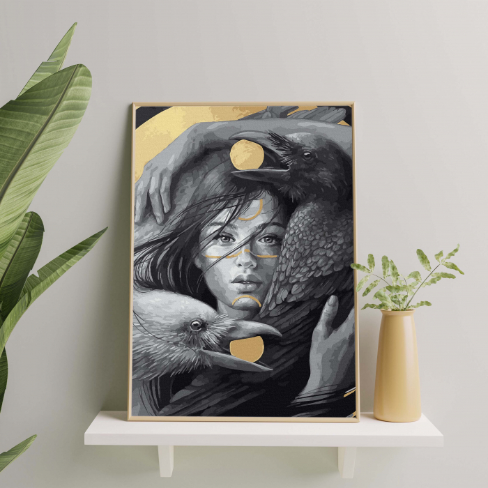 Set pictura pe numere, cu sasiu, Zeita pasarilor nocturne - vopsea aurie, 40x50 cm [4]