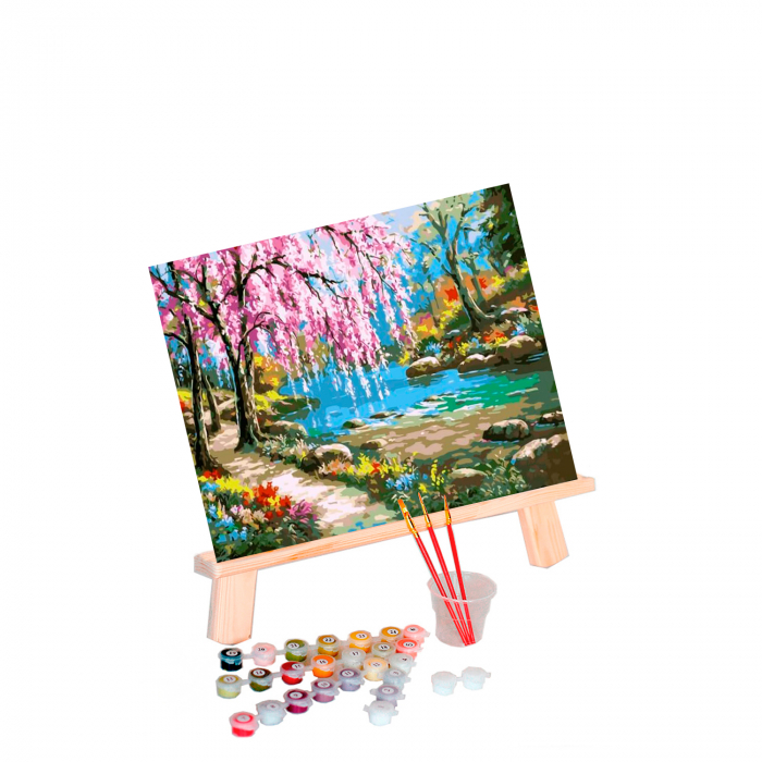 Set pictura pe numere, cu sasiu, Sakura by the river, 40x50 cm [2]