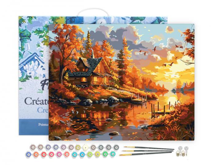 Set pictura pe numere, cu sasiu, Apus toamna la cabana, 40x50 cm [4]