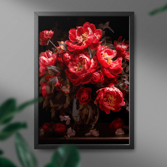 Set pictura pe numere, cu sasiu, Bujori rosii, 40x50 cm [3]