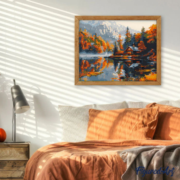 Set pictura pe numere, cu sasiu, Cabana pe lac, toamna, 40x50 cm [3]