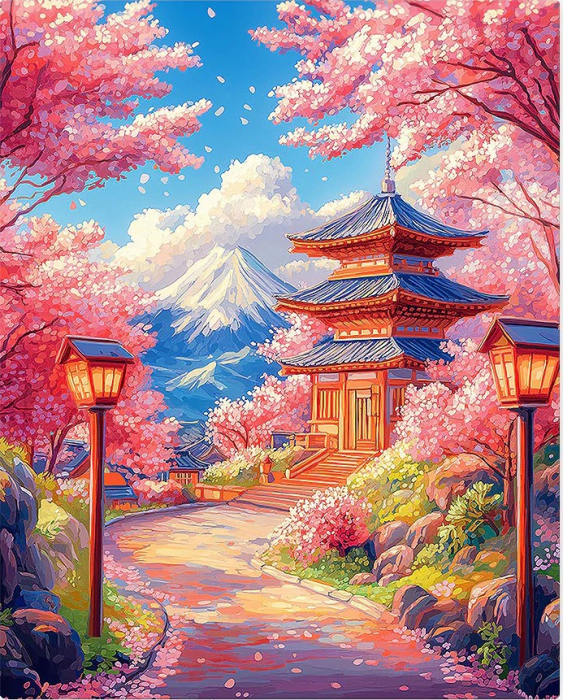 Set pictura pe numere, cu sasiu, Drum de sakura spre pagoda, 40x50 cm [1]
