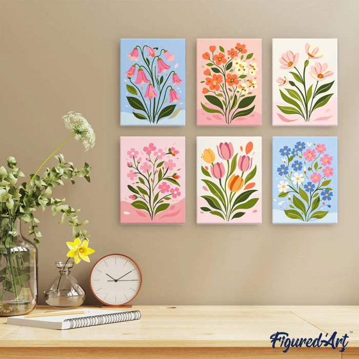 Set 6 mini-picturi pe numere, cu sasiu, Flori pastel, 15x20cm [3]
