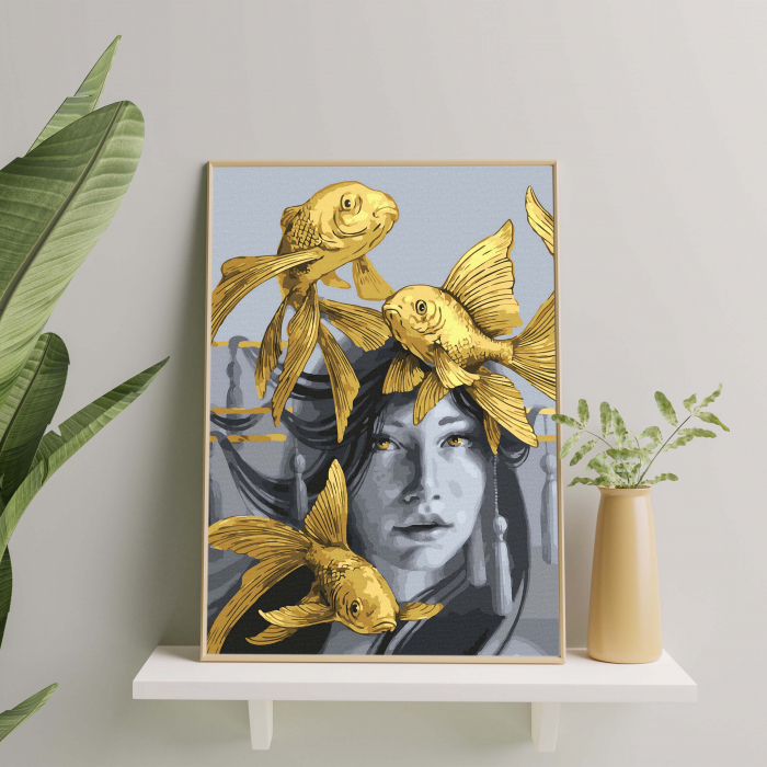 Set pictura pe numere, cu sasiu, Pestisorii de aur  - vopsea aurie, 40x50 cm [3]