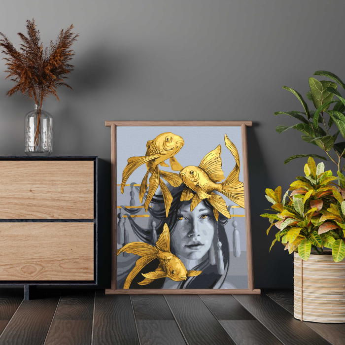 Set pictura pe numere, cu sasiu, Pestisorii de aur  - vopsea aurie, 40x50 cm [4]