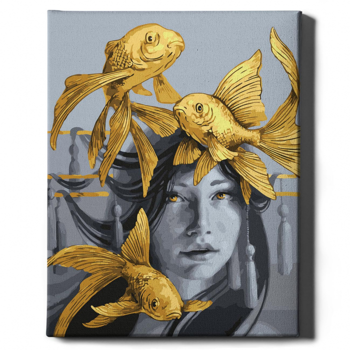 Set pictura pe numere, cu sasiu, Pestisorii de aur  - vopsea aurie, 40x50 cm [2]