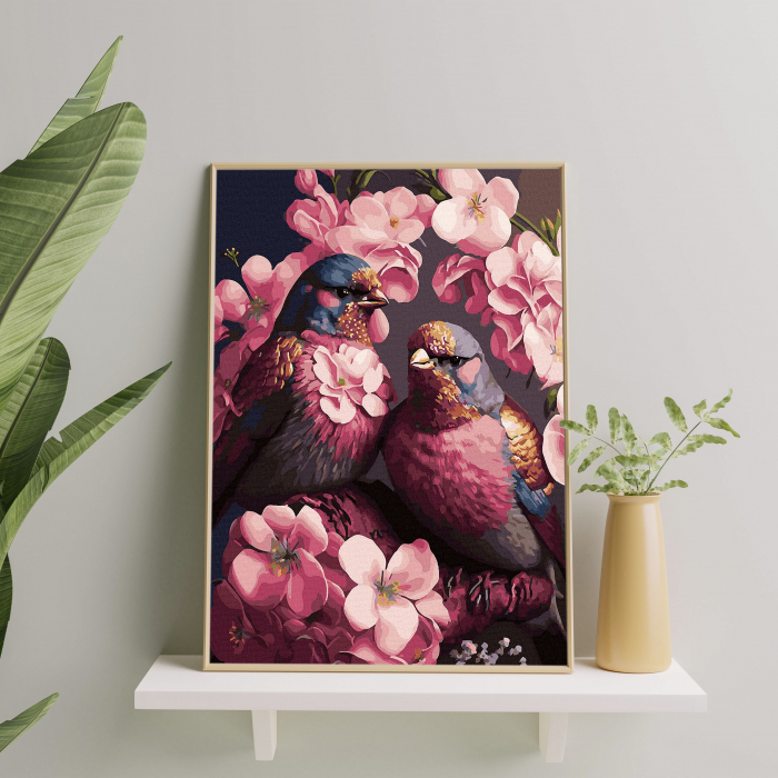 Set pictura pe numere, cu sasiu, Pasari in flori roz, 40x50 cm [4]