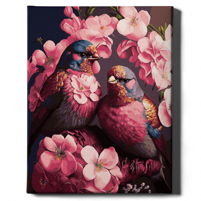 Set pictura pe numere, cu sasiu, Pasari in flori roz, 40x50 cm [2]