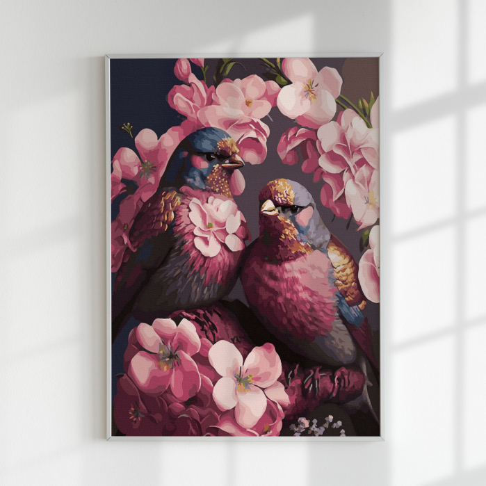 Set pictura pe numere, cu sasiu, Pasari in flori roz, 40x50 cm [3]