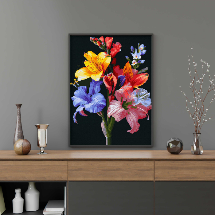 Set pictura pe numere, cu sasiu, Crini colorati - canvas negru, 40x50 cm [3]